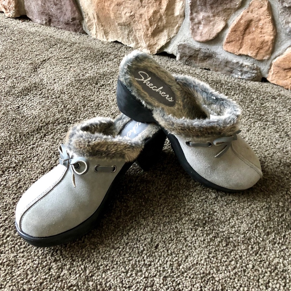Skechers grey silver slip ons with faux fur trim